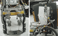 Pictured to the left are the lower body segments of the AMPS, including the cement posterior and the aluminum rod legs with weights attached along their length.  To the right is a profile view of the AMPS, illustrating how aluminum rods form an elbow and extend from the robot’s shoulders to the motors attached to the pushrims.  These images illustrate more specifically why the AMPS is anthropomorphic not only in appearance, but also in weight, mass distribution, and propulsion mechanism.